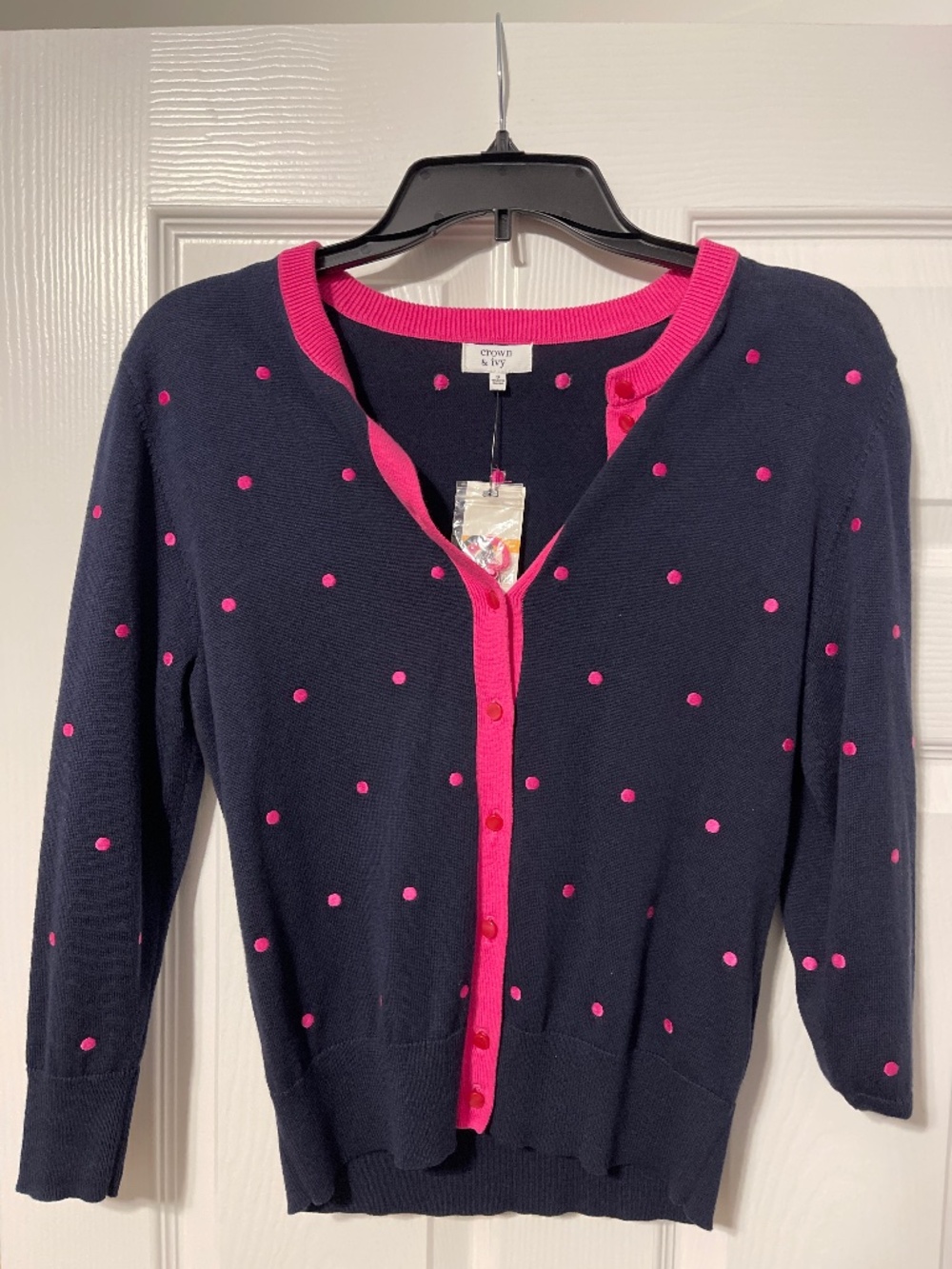 Crown Ivy NWT navy/pink polka dot 100% cotton 3/4 sleeve sweater size small